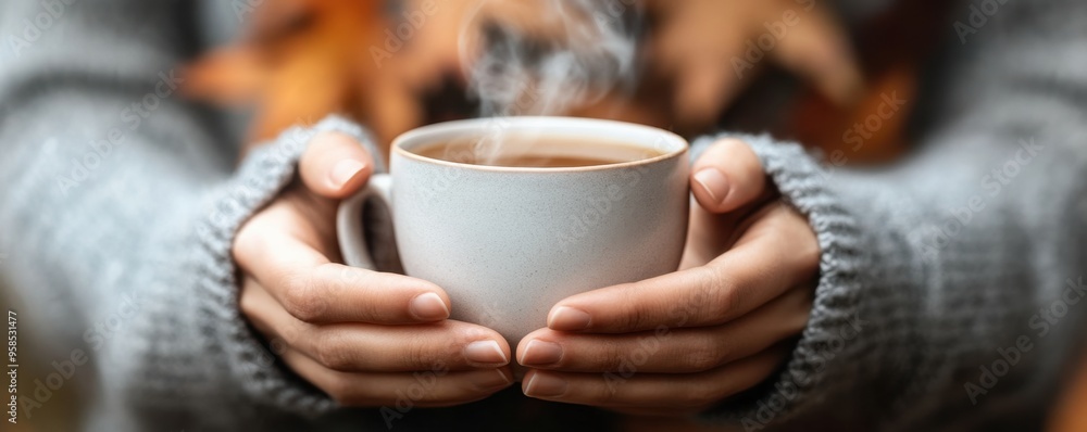 Woman holding a steaming cup of coffee in cozy sweater during autumn season Woman holding a steaming cup of coffee in cozy sweater during autumn season