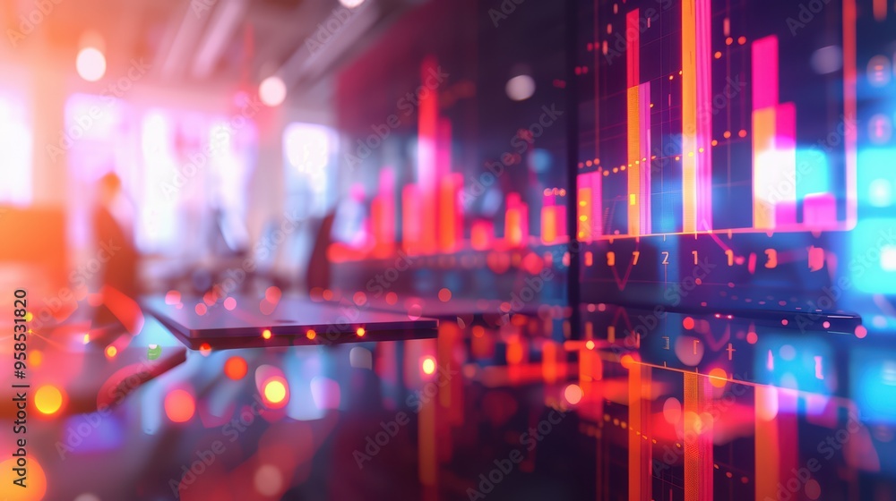 Abstract representation of data analysis with colorful graphs and digital elements in a modern office environment. Abstract representation of data analysis with colorful graphs and digital elements in a modern office environment.