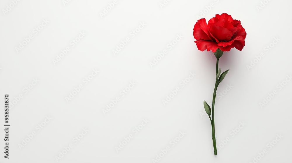 Single red carnation on white background, elegant simplicity, 3D illustration Single red carnation on white background, elegant simplicity, 3D illustration