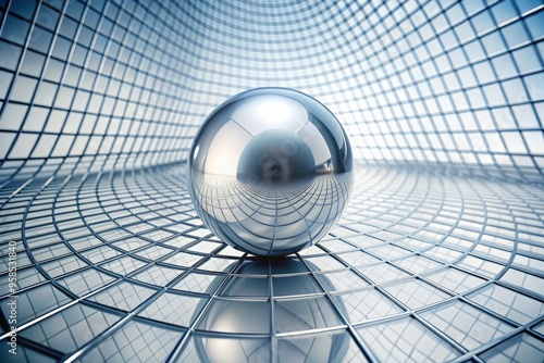 A abstract composition featuring a gleaming silver sphere hovering above a grid of crisp, intersecting lines, set photo