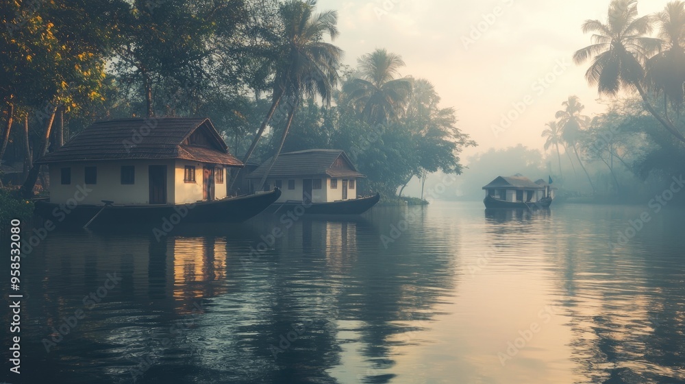 Fototapeta premium The peaceful backwaters of Kerala, with traditional houseboats floating quietly on the water, captured in a moment of tranquility
