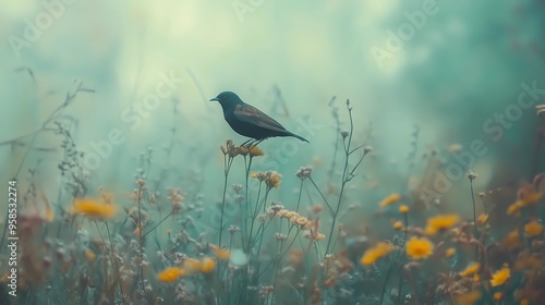 A bird perched on the top of wildflowers, surrounded by fog and soft light, creating an ethereal atmosphere. The bird is black with long tail feathers, standing out against the delicate flowers