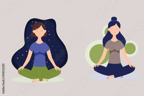 Woman meditating in lotus pose illustration in flat style bundle
