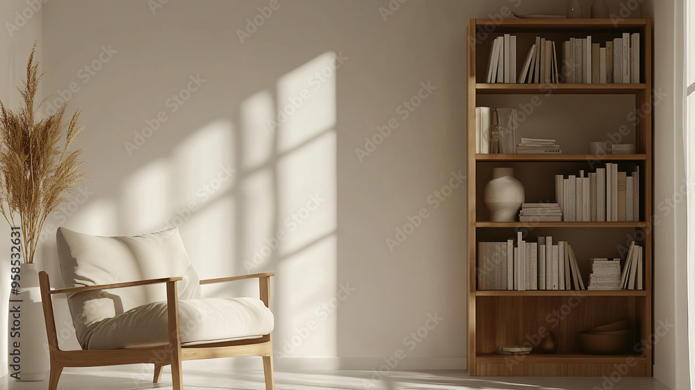 A simple modern living room with bookshelves and armchair A simple modern living room with bookshelves and armchair