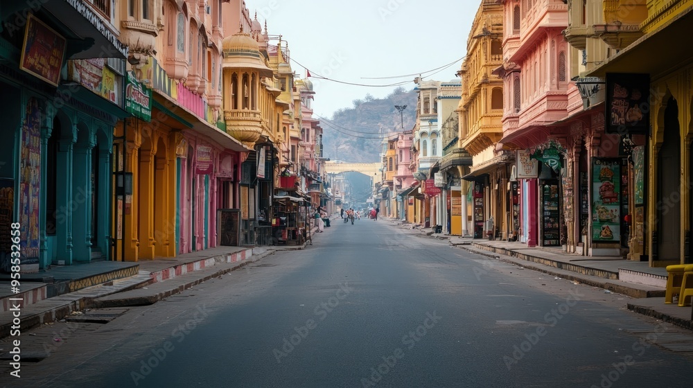 The vibrant streets of Jaipur, lined with colorful buildings and markets, completely empty, showcasing India's cultural richness in silence The vibrant streets of Jaipur, lined with colorful buildings and markets, completely empty, showcasing India's cultural richness in silence