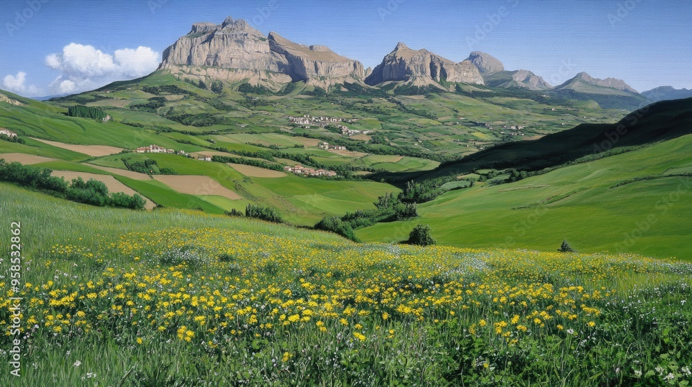 Obraz premium A field of vibrant yellow flowers fills the green grass in the Italian Dolomites, creating a serene atmosphere under a clear blue sky, surrounded by majestic mountains