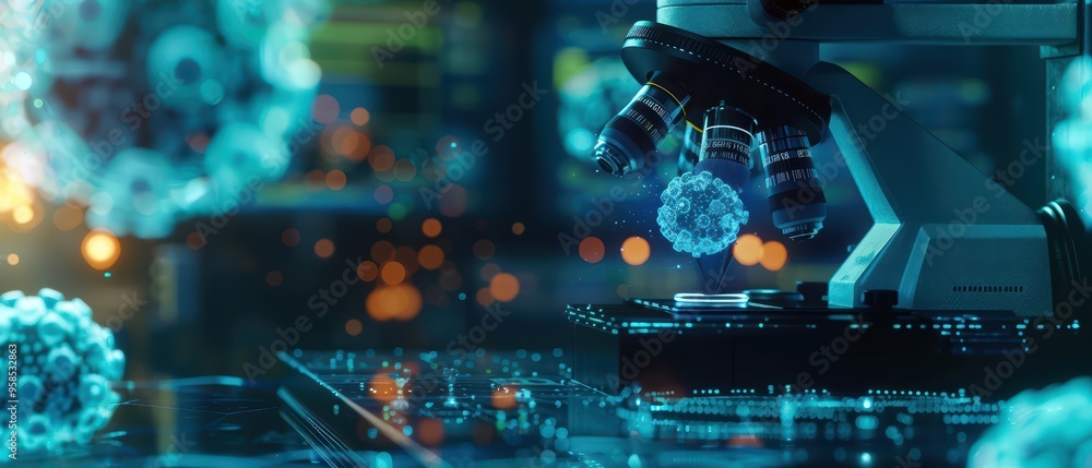Close-up of a microscope focused on a virus, showcasing high-tech research and scientific discovery in a laboratory environment. Close-up of a microscope focused on a virus, showcasing high-tech research and scientific discovery in a laboratory environment.