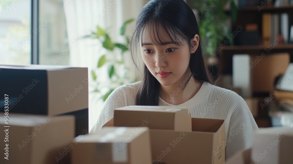 Busy Woman Sorting Packages at Home Busy Woman Sorting Packages at Home