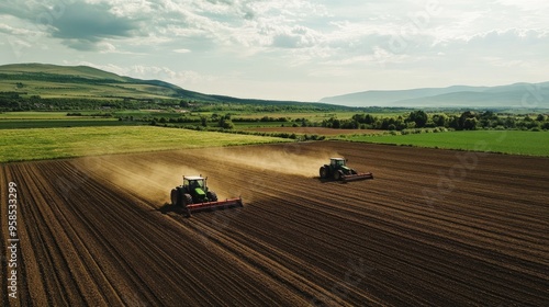 Tractors plowing through the soil in a large field, preparing the land for the next planting season, depicting modern farming techniques.