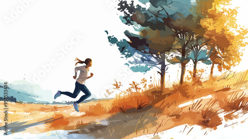 Woman Running Against Natural Landscape