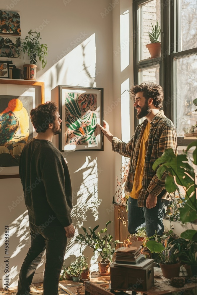 Obraz premium Two friends enjoy a conversation about art in a sunlit living room filled with houseplants and framed paintings.