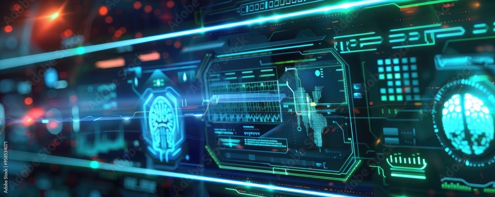 Futuristic digital interface showcasing advanced technology with glowing elements and intricate data visuals. Futuristic digital interface showcasing advanced technology with glowing elements and intricate data visuals.
