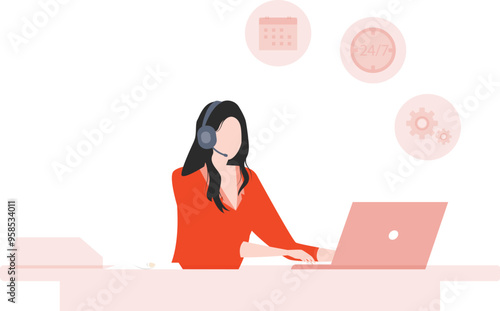 The customer service girl is working on her laptop.