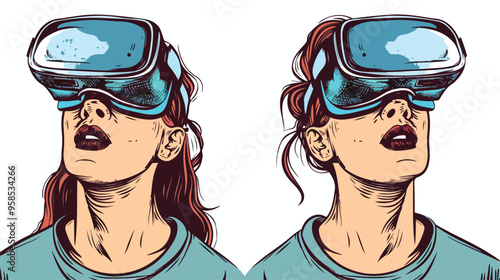 Woman Wearing Virtual Reality Goggles Handdrawn Vector Illustration