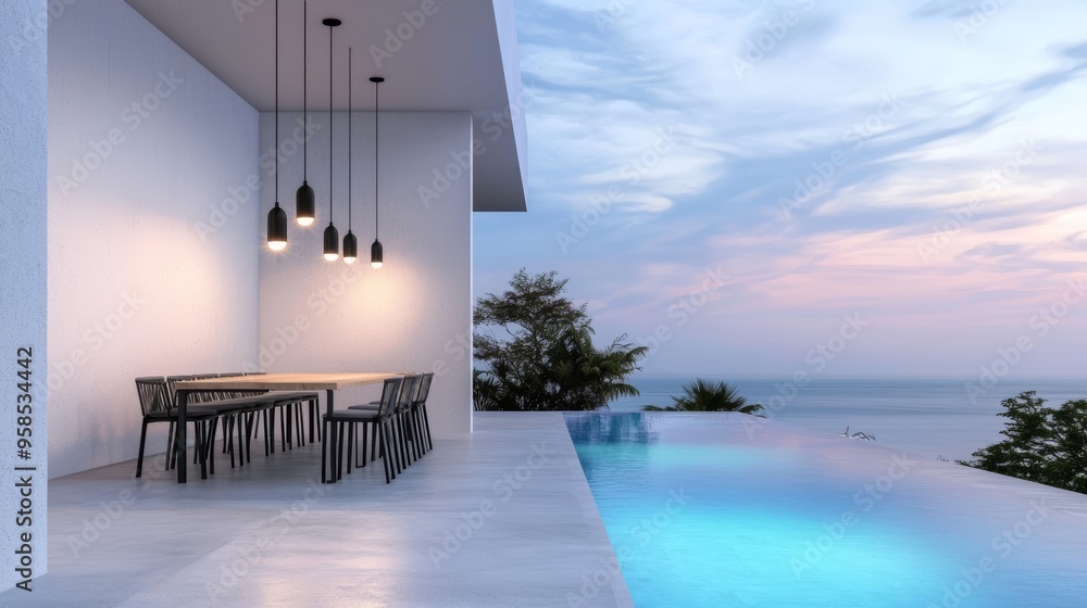 Fototapeta premium Minimalist Lighting for Outdoor Dining Areas: Explore lighting solutions for outdoor dining areas that prioritize minimalism, such as pendant lights with simple designs.