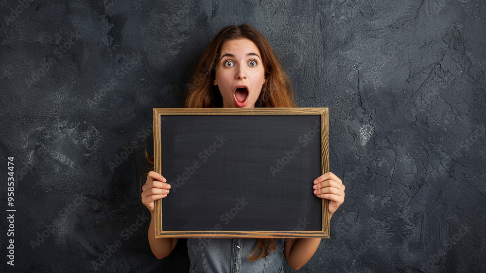 young woman holding empty blackboard with copy space on dark background young woman holding empty blackboard with copy space on dark background