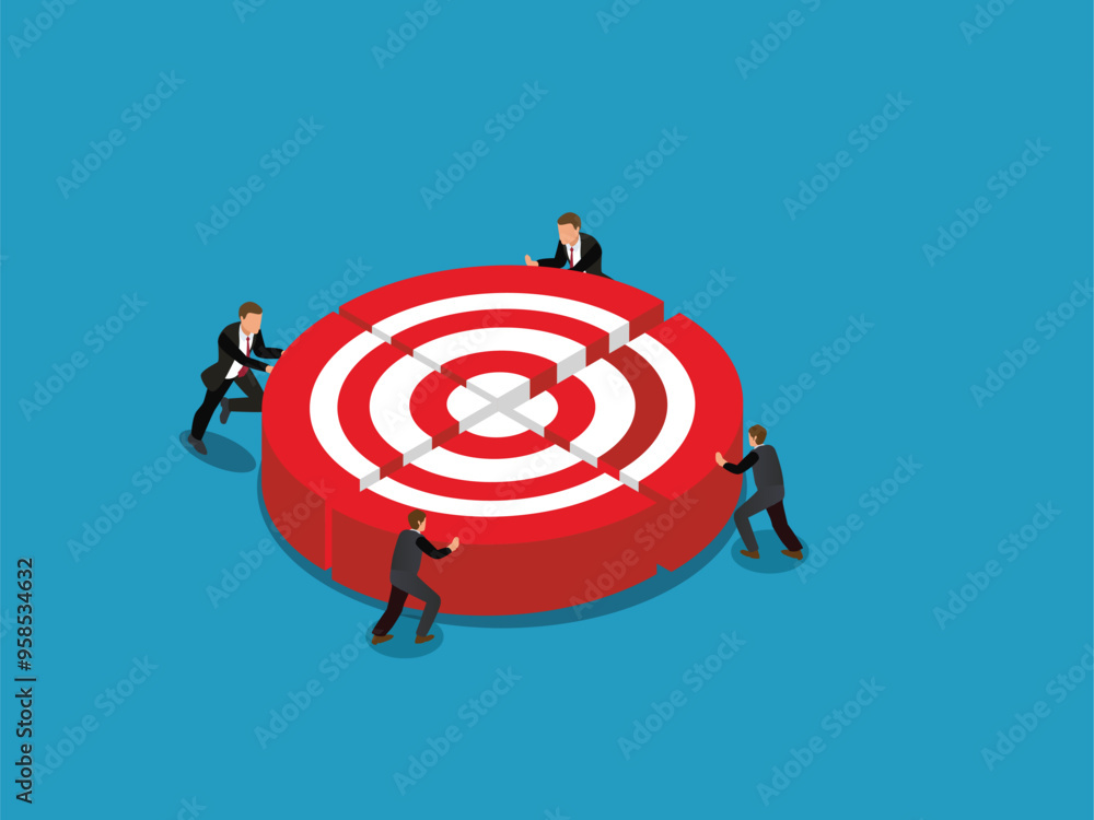 businessmen pushing a puzzle piece of target board. teamwork, solution, cooperation, target and strategy. business concept 3d isometric vector illustration businessmen pushing a puzzle piece of target board. teamwork, solution, cooperation, target and strategy. business concept 3d isometric vector illustration