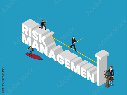 Business metaphor of financial risks precautions. Business people faceless characters in action around word RISK MANAGEMENT over digital world map 3d isometric vector illustration