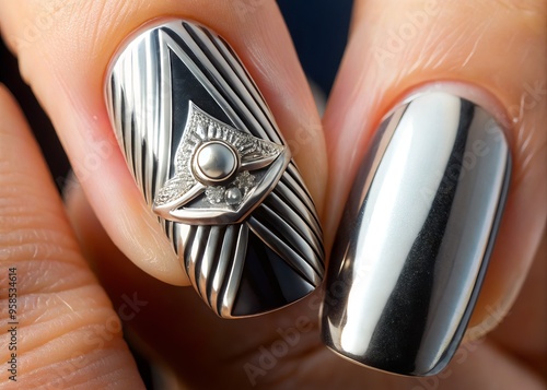 A close-up of a polished fingernail featuring a intricately designed silver emblem with swooping lines and geometric photo