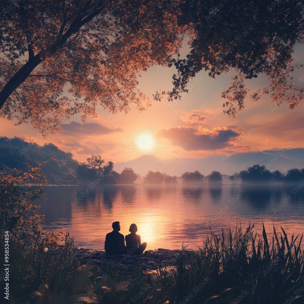 Couple in nature enjoying a peaceful moment by a serene lake at sunrise Couple in nature enjoying a peaceful moment by a serene lake at sunrise