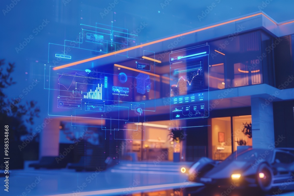 Futuristic home with digital interface displaying data, charts, and technology in blue light, representing smart living. Futuristic home with digital interface displaying data, charts, and technology in blue light, representing smart living.