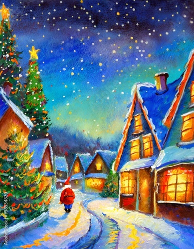 Christmas town landscape scene with snow and christmas trees