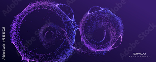 Technology ai particles banner. Dots explosion big data neon round background. Artificial Intelligence biology neuron futuristic circles connect design.