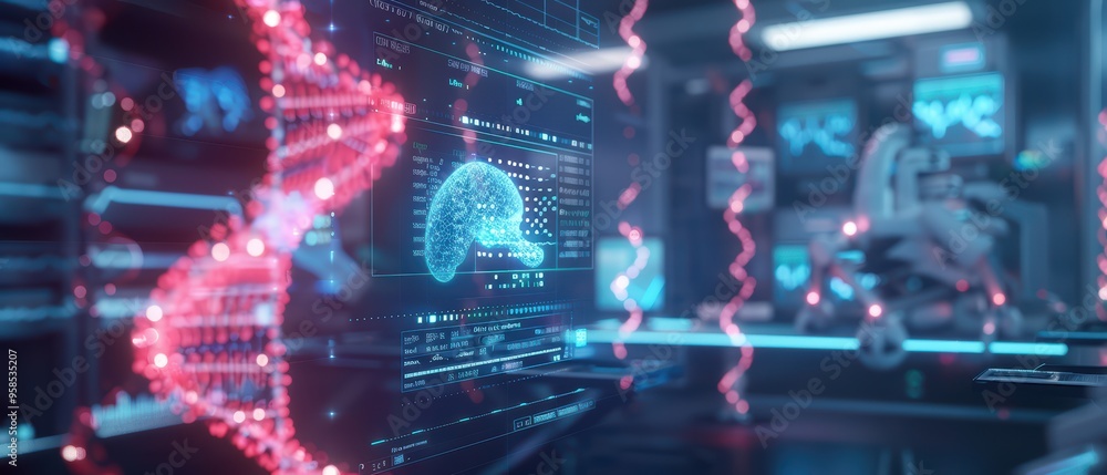 Obraz premium Futuristic laboratory scene featuring digital DNA and brain visualization technology, ideal for scientific innovation themes.