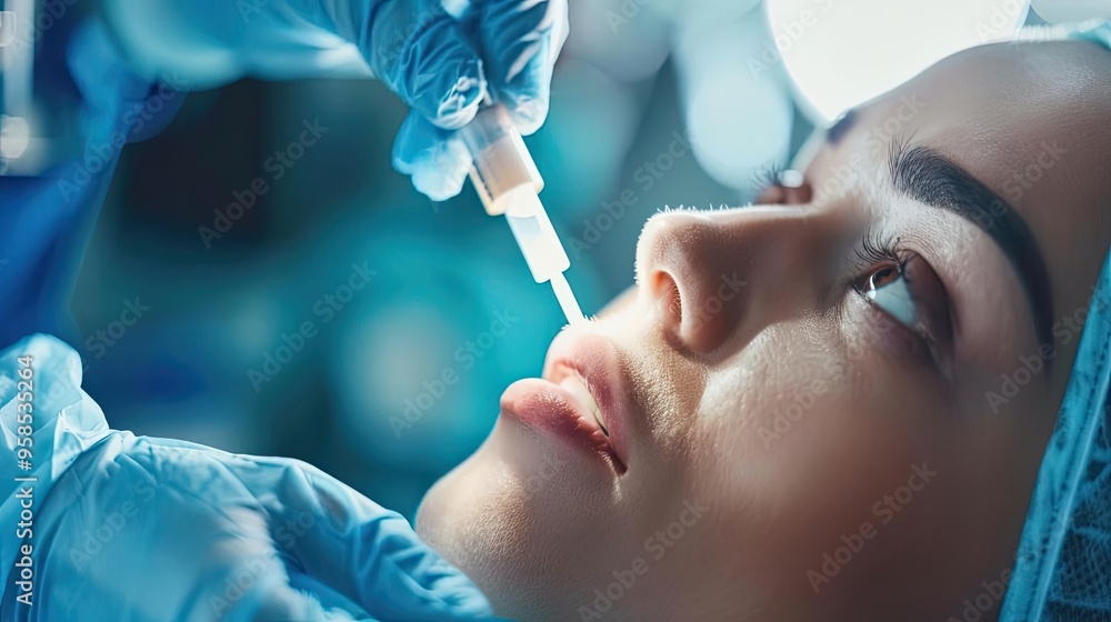 A close-up view of a healthcare professional applying a treatment to a patient's lip. Focus on precision and care in cosmetic procedures. A close-up view of a healthcare professional applying a treatment to a patient's lip. Focus on precision and care in cosmetic procedures.