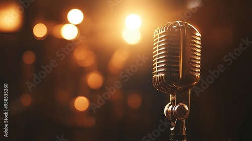 Vintage Microphone on Stage with Warm Lighting