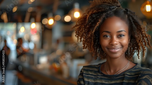 A bright and cheerful portrait of a young woman with natural curly hair, smiling confidently in a stylish, warmly lit indoor setting. Perfect for themes of lifestyle, positivity, and casual beauty.