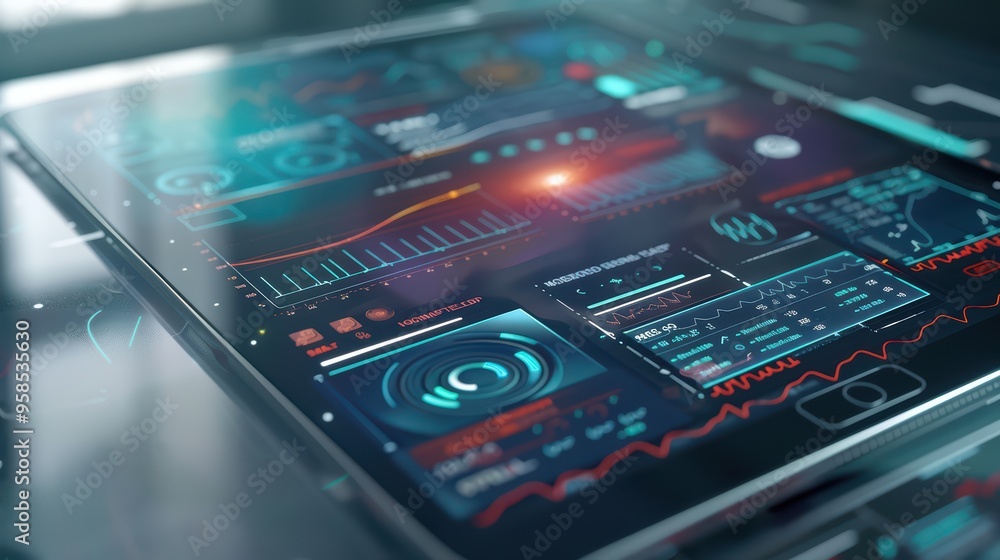 Futuristic tablet displaying complex data analytics and graphs in a modern digital environment. Futuristic tablet displaying complex data analytics and graphs in a modern digital environment.