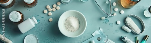 A flat lay of pharmaceutical products, including pills, powders, and medical tools on a teal surface for health-related themes.