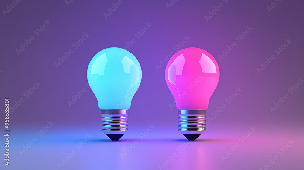 Two light bulbs, one glowing blue and the other pink, against a gradient purple background, creating a vibrant and modern aesthetic. Two light bulbs, one glowing blue and the other pink, against a gradient purple background, creating a vibrant and modern aesthetic.