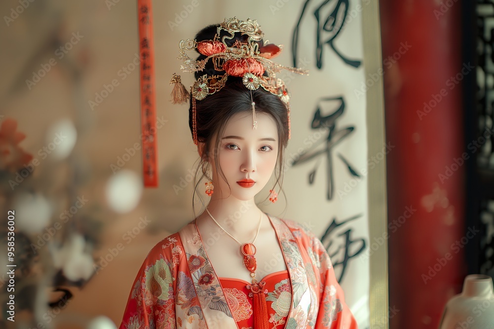 The model wears a beautiful Tang Dynasty dress, surrounded by traditional decor that highlights the rich cultural heritage of China. The model wears a beautiful Tang Dynasty dress, surrounded by traditional decor that highlights the rich cultural heritage of China.