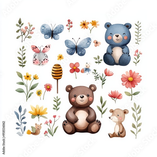 Charming illustration of cute bears, butterflies, and flowers, perfect for children's themes and playful designs.