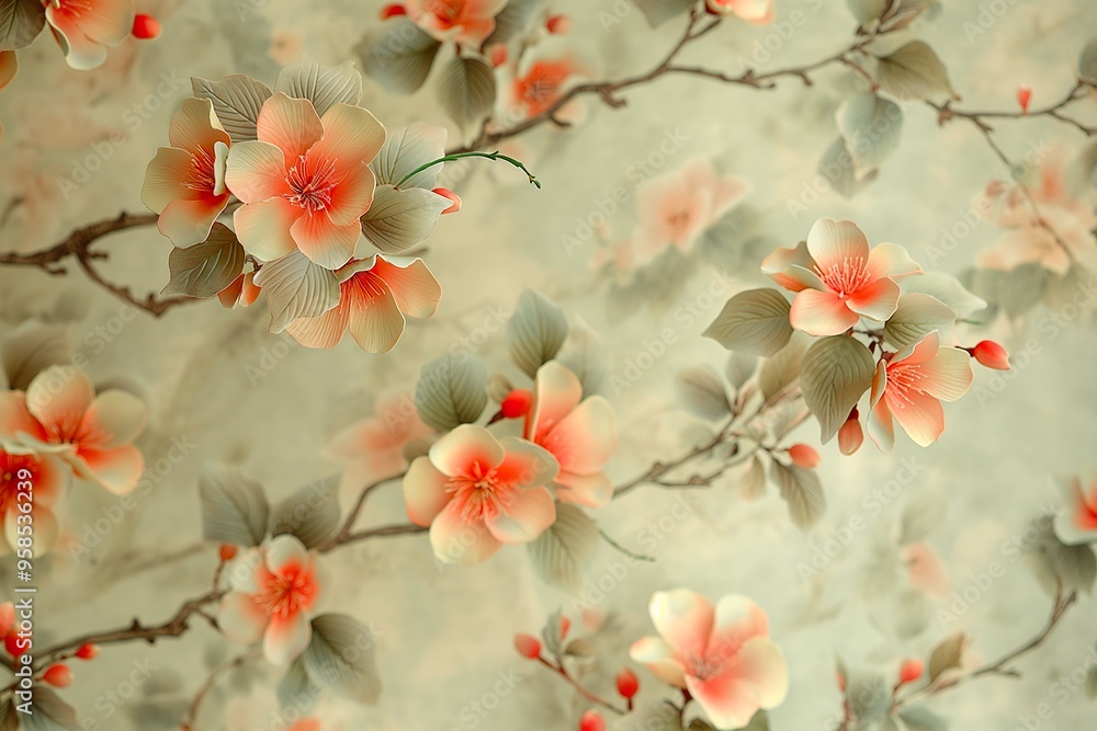 A soothing display of cherry blossoms fills the background with soft pale tones, creating a tranquil atmosphere. A soothing display of cherry blossoms fills the background with soft pale tones, creating a tranquil atmosphere.