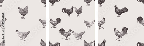 Seamless patterns of sketches various farm roosters and hens, realistic hand drawings, vector backgrounds, wallpaper, paper
