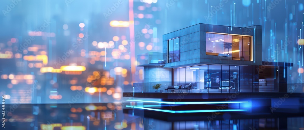 Modern futuristic house with glowing accents against a vibrant city skyline at night, reflecting innovation and luxury. Modern futuristic house with glowing accents against a vibrant city skyline at night, reflecting innovation and luxury.