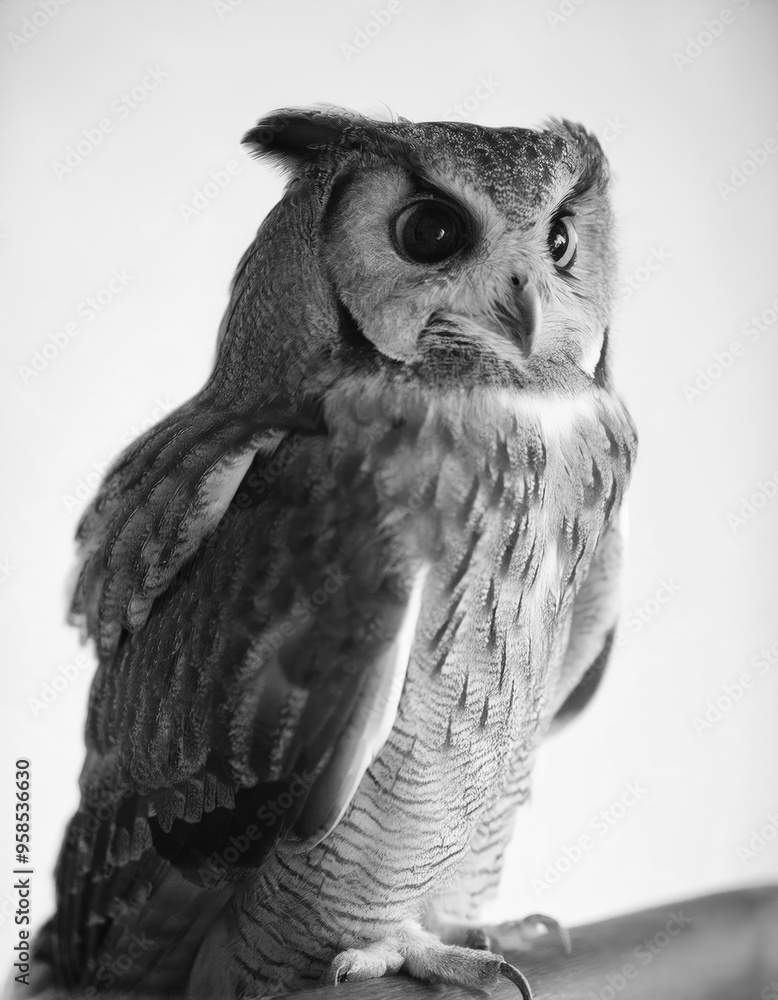 Obraz premium Majestic Great Grey Owl on White Background: Striking Wildlife Portrait in Black and White