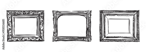 Sketches of three decorative wooden vintage picture frames, vector hand drawn illustration isolated on white background