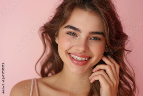 A young woman with braces smiles brightly, casually holding her hand to her cheek in a vibrant, cheerful setting.