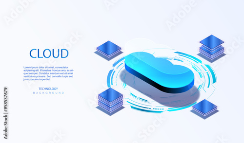 Cloud storage for data transmission in isometric background. Downloading cloud application. Network secure technologies. Futuristic service center. Digital space. Data computing system. Vector.	
