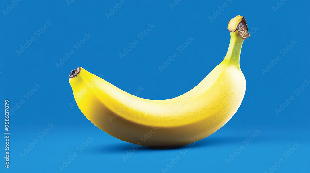 A ripe yellow banana set against a solid blue background, showcasing its vivid color and smooth texture. A ripe yellow banana set against a solid blue background, showcasing its vivid color and smooth texture.