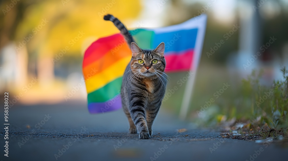 Obraz premium A cat with a rainbow-colored tail, walking gracefully with an LGBTQ flag in the background
