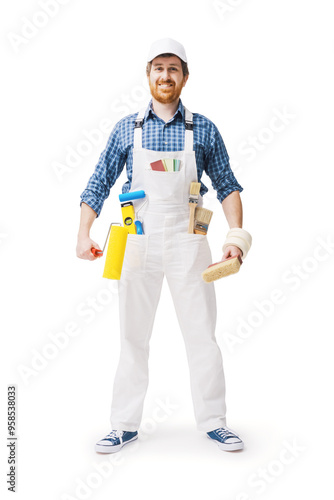 Confident house painter posing with work tools