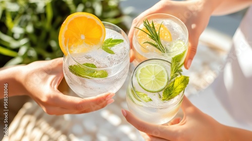 Celebrating with Refreshing Gin and Tonic Cocktails Outdoors photo