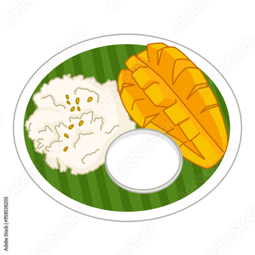 Vector Mango Sticky Rice Traditional Thai Food Cartoon Illustration Isolated