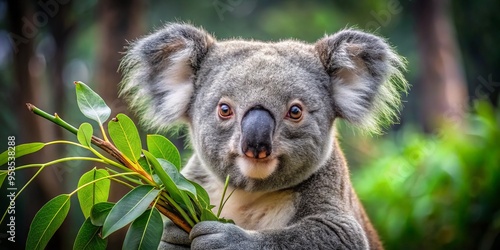 A cuddly koala bear clutches a eucalyptus leaf, its soft gray fur and big round eyes capturing the photo