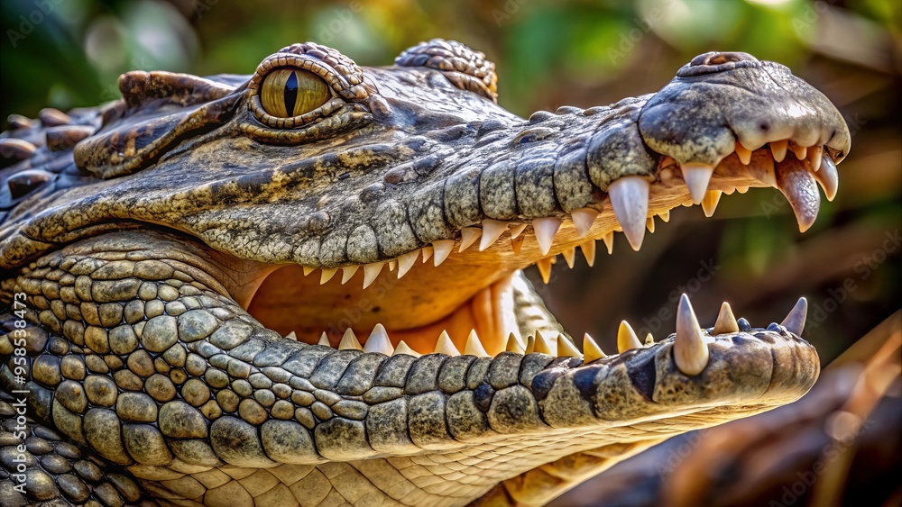 Obraz premium The American crocodile's head is a menacing sight, with razor-sharp teeth glowing in the sunlight and scales as